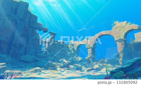 海に沈んだ古代遺跡、アニメ風 海に沈んだ古代遺跡、アニメ風 132805092