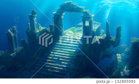 海に沈んだ古代遺跡、アニメ風 132805093