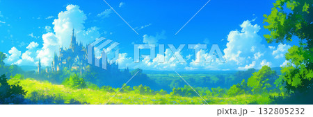 草原と遠くに見える巨大な西洋のお城、アニメ風 132805232