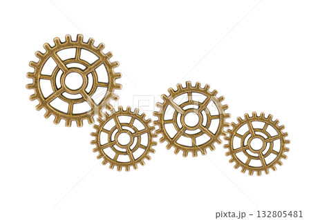 Gear and cogs wheels isolated on a white background, clock mechanism, brass metal engine industrial. Gear and cogs wheels isolated on a white background, clock mechanism, brass metal engine industrial. 132805481