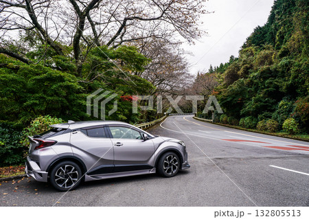 箱根の山道とシルバーのSUV 箱根の山道とシルバーのSUV 132805513
