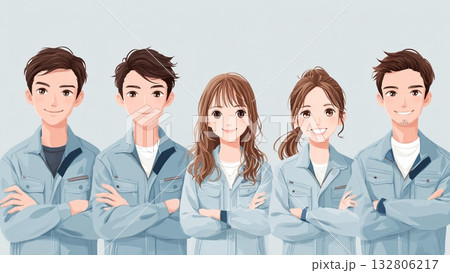 作業服を着た若い男女社員 132806217