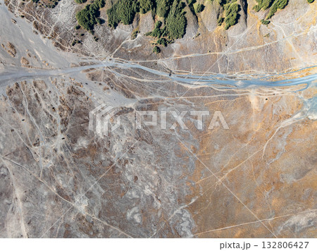 Aerial view top down of Volcano land texture, Abstract nature Background at Bromo volcano indonesia Aerial view top down of Volcano land texture, Abstract nature Background at Bromo volcano indonesia 132806427