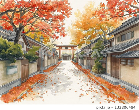 鳥居と紅葉が彩る日本の街並みのイラスト 132806484
