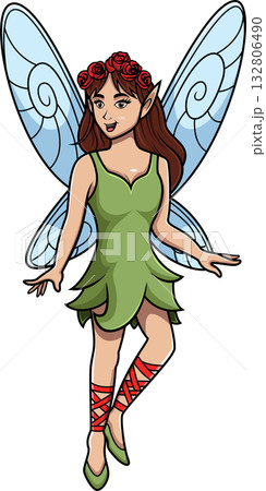 Cartoon Fairy with Floral Crown and Elegant Wings Cartoon Fairy with Floral Crown and Elegant Wings 132806490