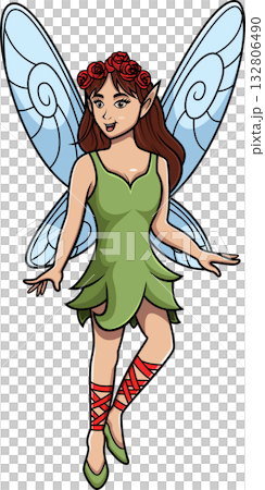 Cartoon Fairy with Floral Crown and Elegant Wings Cartoon Fairy with Floral Crown and Elegant Wings 132806490