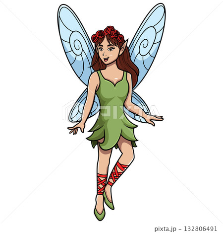 Cartoon Fairy with Floral Crown and Elegant Wings 132806491