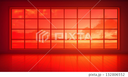 真っ赤な夕焼けに染まる部屋の大きな窓、アニメ風 真っ赤な夕焼けに染まる部屋の大きな窓、アニメ風 132806552