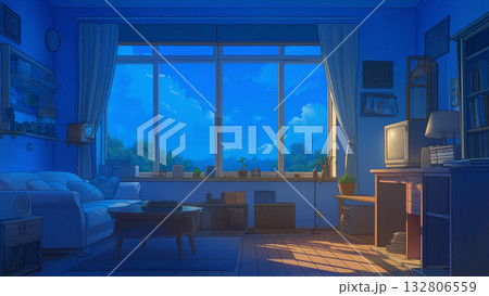 夕方の部屋の大きな窓、アニメ風 132806559