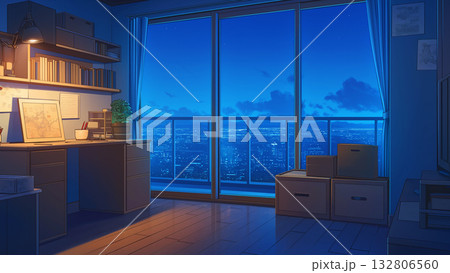 夜の部屋の大きな窓、アニメ風 132806560