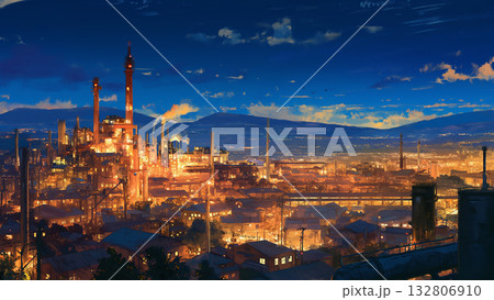 夜に稼働する工場の風景、アニメ風 132806910