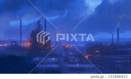 夜の雨の工場の風景、アニメ風 132806912
