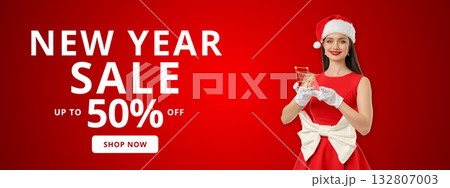 Woman in a red dress and hat holds a shopping cart Woman in a red dress and hat holds a shopping cart 132807003