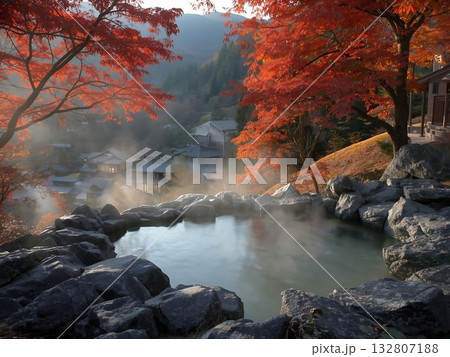紅葉に包まれる温泉のイラスト 紅葉に包まれる温泉のイラスト 132807188