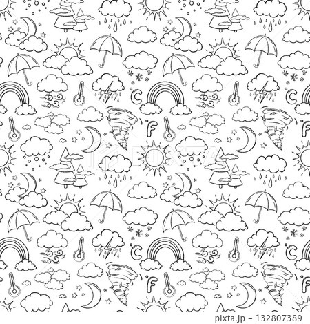 Line vector weather icons seamless pattern. Hand drawn by chalk. Outline Background. Doodle Illustration with temperature, sun, rain, snow, cloud, storm, for climate forecast. Meteorology 132807389