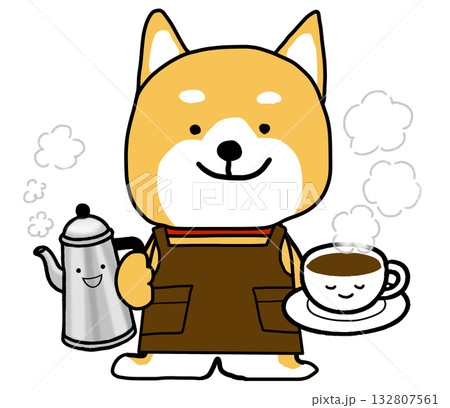 湯気の出ている温かいコーヒーとポットを手に持つしばいぬ2 132807561
