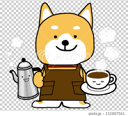 湯気の出ている温かいコーヒーとポットを手に持つしばいぬ2 132807561