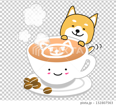 一隻笑容燦爛的柴犬,背景是一幅溫暖的狗狗拉花藝術 一隻笑容燦爛的柴犬,背景是一幅溫暖的狗狗拉花藝術 132807563