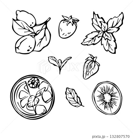 Set of doodles with fruits and leaves 132807570