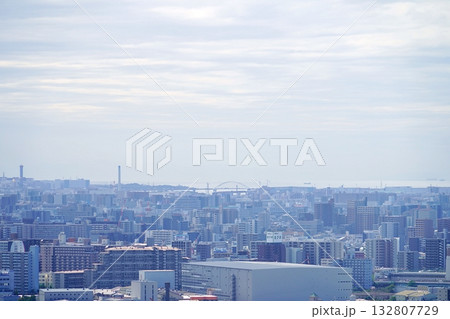 大阪　吹田市　高層ビルから見た市街地　淀川、伝法大橋、大阪湾（メロード吹田から南西方向、秋） 132807729