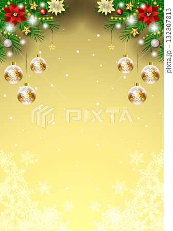 クリスマス背景、雪の結晶、金、オーナメント、かわいい、イラスト、縦 クリスマス背景、雪の結晶、金、オーナメント、かわいい、イラスト、縦 132807813