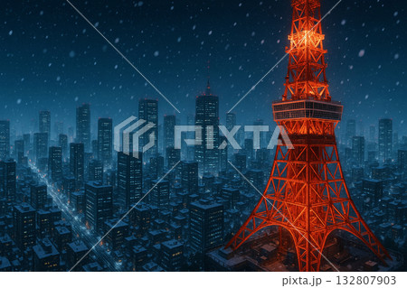 雪が降る夜のタワーと都会の幻想的な夜景 雪が降る夜のタワーと都会の幻想的な夜景 132807903