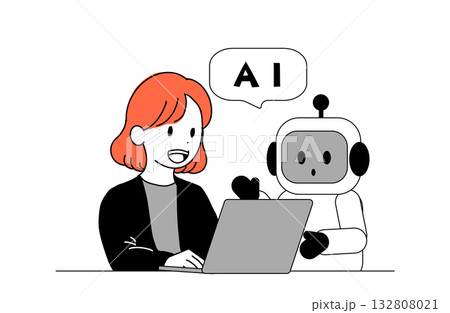 AIとパソコンで作業する女性とロボットのイラスト 132808021