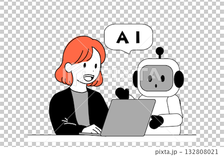 AIとパソコンで作業する女性とロボットのイラスト 132808021