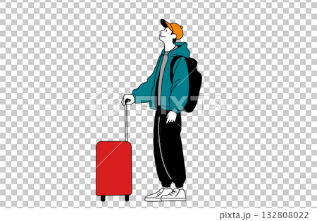 一幅簡單的插圖,描繪了一位男性旅行者拉著一個行李箱。 一幅簡單的插圖,描繪了一位男性旅行者拉著一個行李箱。 132808022