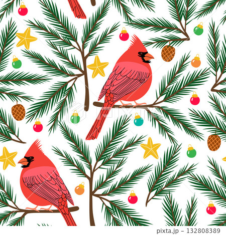 Vector seamless pattern with red cardinals in a festive winter forest Vector seamless pattern with red cardinals in a festive winter forest 132808389