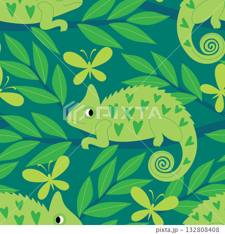 Vector seamless pattern with funny chameleons in the forest 132808408