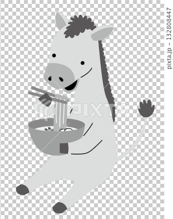 Monochrome illustration of a horse eating soba noodles while sitting 132808447