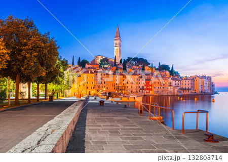 Rovinj, Croatia. Blue hour with historical town from Dalmatia, Adriatic Sea. 132808714