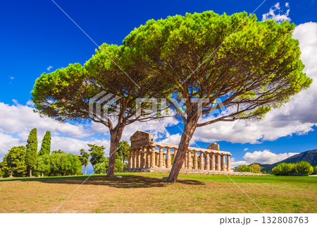 Paestum, Italy. Temple of Athena, majestic ancient Greek sanctuary with Doric columns. 132808763