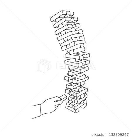 falling wood block tower stack game illustration vector hand drawn with black lines falling wood block tower stack game illustration vector hand drawn with black lines 132809247