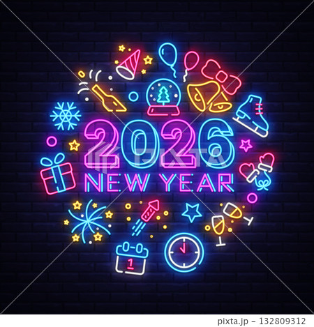 Neon circle of New Year 2026 icons with fireworks, gifts, snowflakes, and champagne. Bright festive elements glow on a dark brick background. Vector illustration Neon circle of New Year 2026 icons with fireworks, gifts, snowflakes, and champagne. Bright festive elements glow on a dark brick background. Vector illustration 132809312
