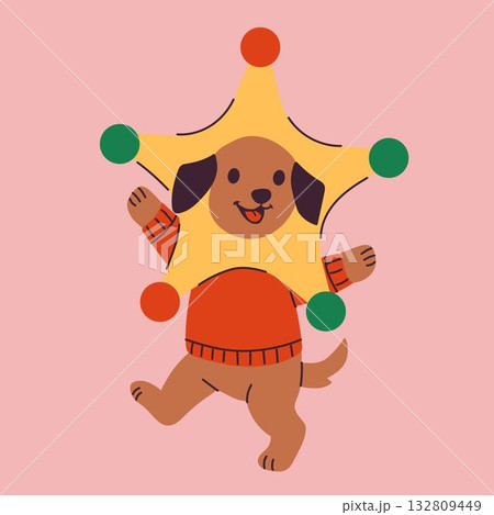 Playful Puppy Inside Colorful Christmas Star 132809449