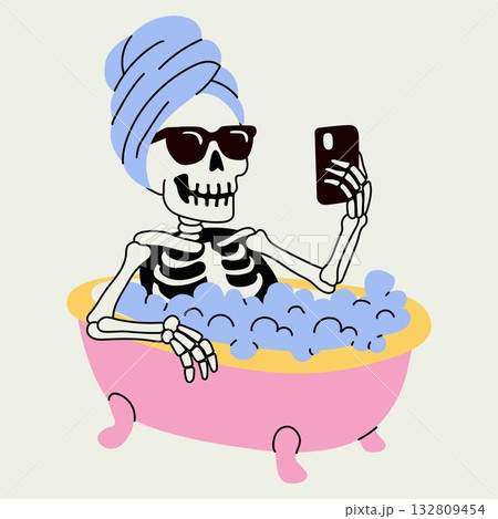 Trendy Skeleton Taking a Bath Selfie with Smartphone Trendy Skeleton Taking a Bath Selfie with Smartphone 132809454