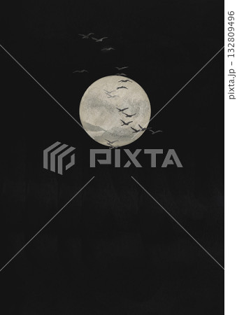 水彩で描いた月が出た夜　モノトーン素材【手描き】コピースペースあり 132809496