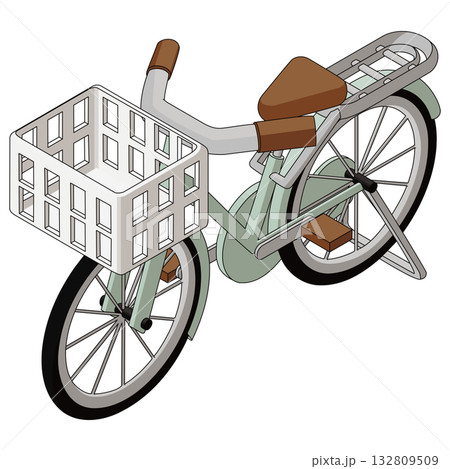 かご付き自転車のアイソメトリックイラスト。主線あり、右面法、前向き。 かご付き自転車のアイソメトリックイラスト。主線あり、右面法、前向き。 132809509