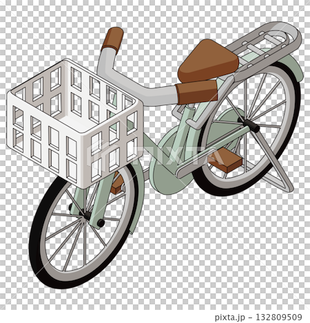 Isometric illustration of a bicycle with a basket. With main lines, right-hand view, facing forward. 132809509