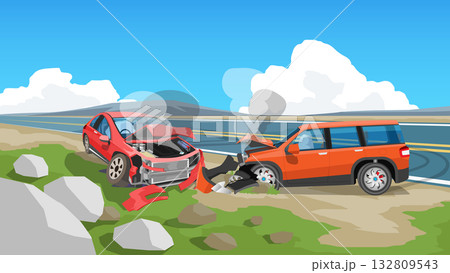 Two car crashes head on into each other. Car spun out onto the side of the asphalt road. Fronts of both cars were severely damaged and the fronts were completely destroyed. Emergency safety bag. 132809543
