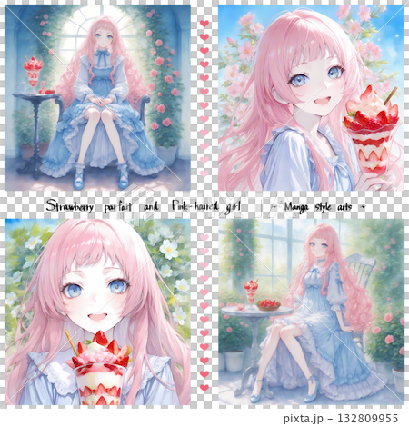ローズガーデンでストロベリーパフェを食べるピンク色の髪の少女。漫画風のAIイラスト4枚セット ローズガーデンでストロベリーパフェを食べるピンク色の髪の少女。漫画風のAIイラスト4枚セット 132809955