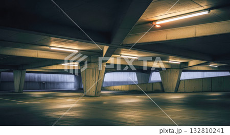 Empty underground parking garage with concrete columns for concept of urban, industrial, or minimalist background 132810241