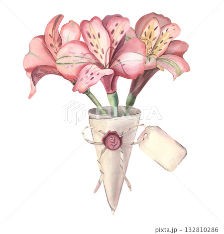 Alstroemeria bouquet in paper cone with label. Hand-painted watercolor botanical illustration isolated on white for floral design, wedding invitations, posters, cards, branding, botanical projects Alstroemeria bouquet in paper cone with label. Hand-painted watercolor botanical illustration isolated on white for floral design, wedding invitations, posters, cards, branding, botanical projects 132810286
