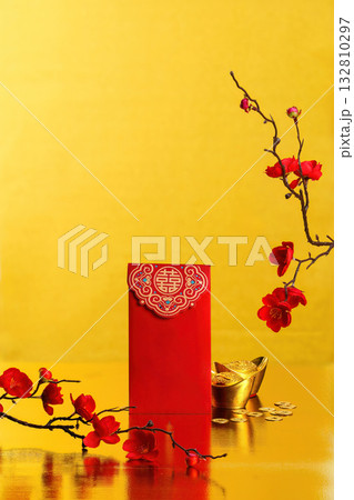 Chinese New Year red envelope with gold decorations and flowers 132810297