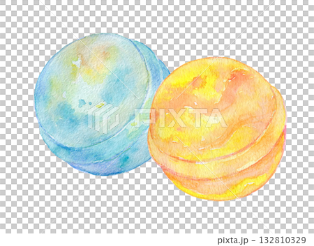 Watercolor illustration, hand-drawn illustration, colorful bath bomb set Watercolor illustration, hand-drawn illustration, colorful bath bomb set 132810329