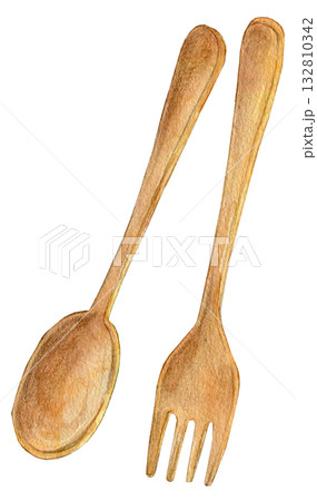 水彩イラスト　手描きイラスト　木製のスプーンとフォーク 132810342