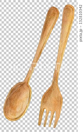 水彩插畫，手繪插畫，木湯匙和木叉 132810342