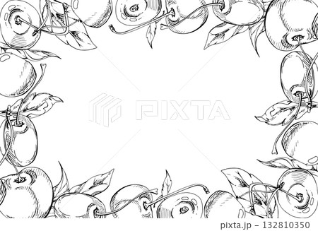 Sweet sour line cherry with plant leaves, hand drawn vector ink, garden berry in group clusters on branches. Corner border frame illustration, for restaurant, cafe menu, wedding, farmers market. Sweet sour line cherry with plant leaves, hand drawn vector ink, garden berry in group clusters on branches. Corner border frame illustration, for restaurant, cafe menu, wedding, farmers market. 132810350